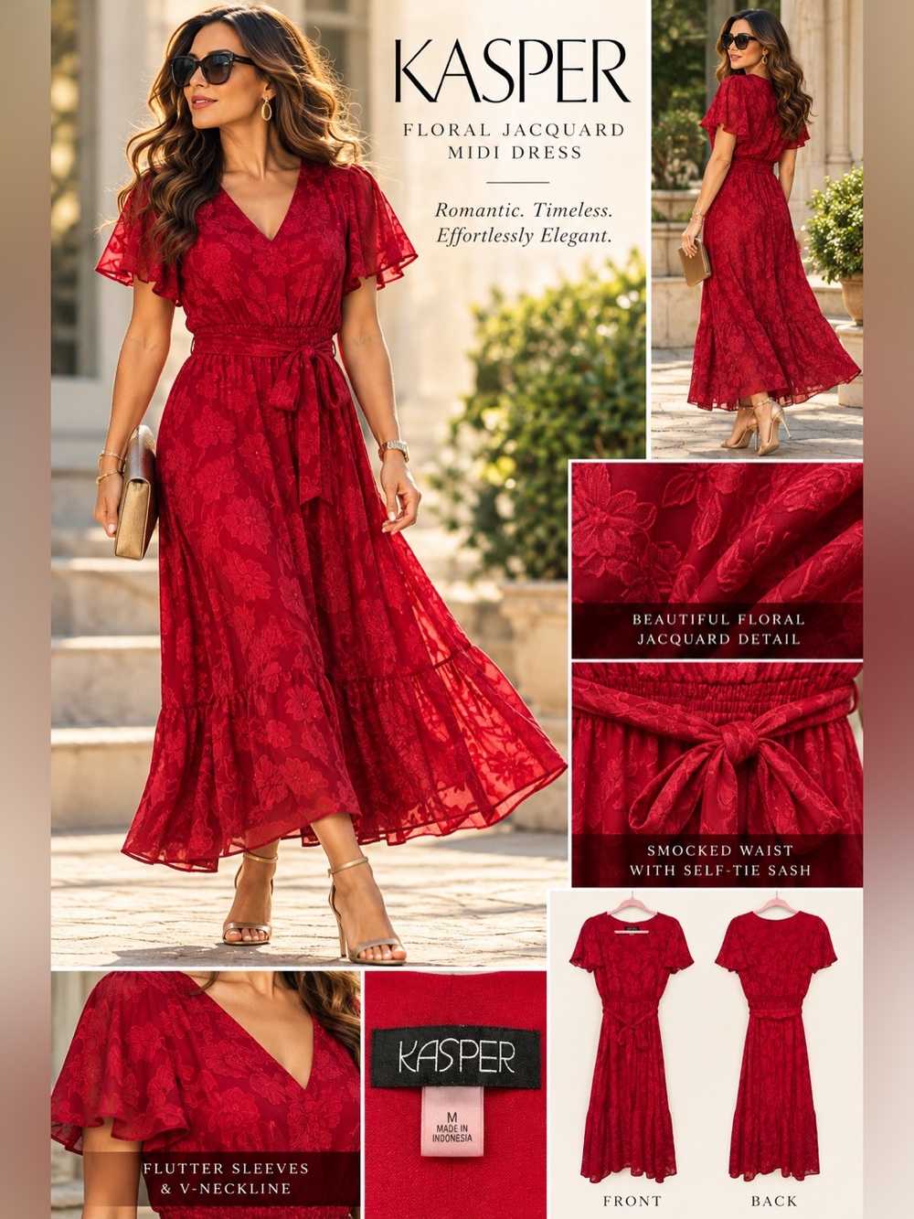 3378 Kasper Red Floral Jacquard V-Neck Midi Dress